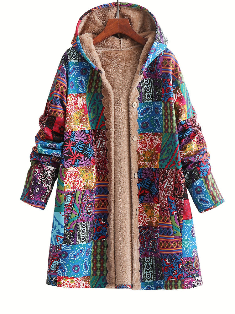 Women's plus size long patchwork print hooded coat with plush lining