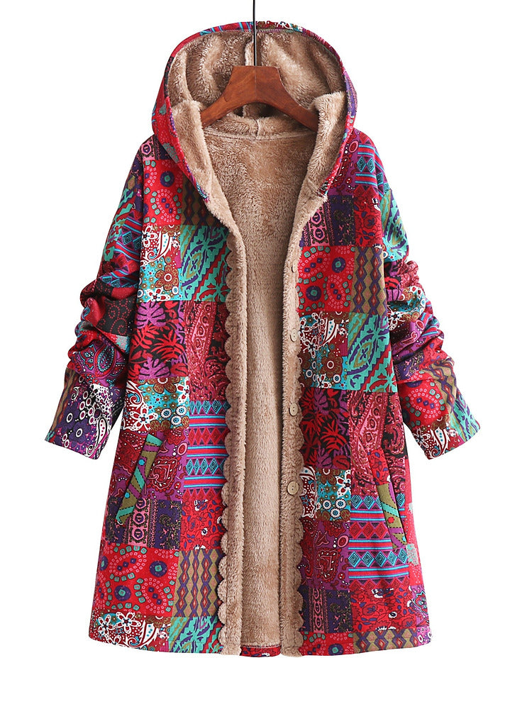 Women's plus size long patchwork print hooded coat with plush lining
