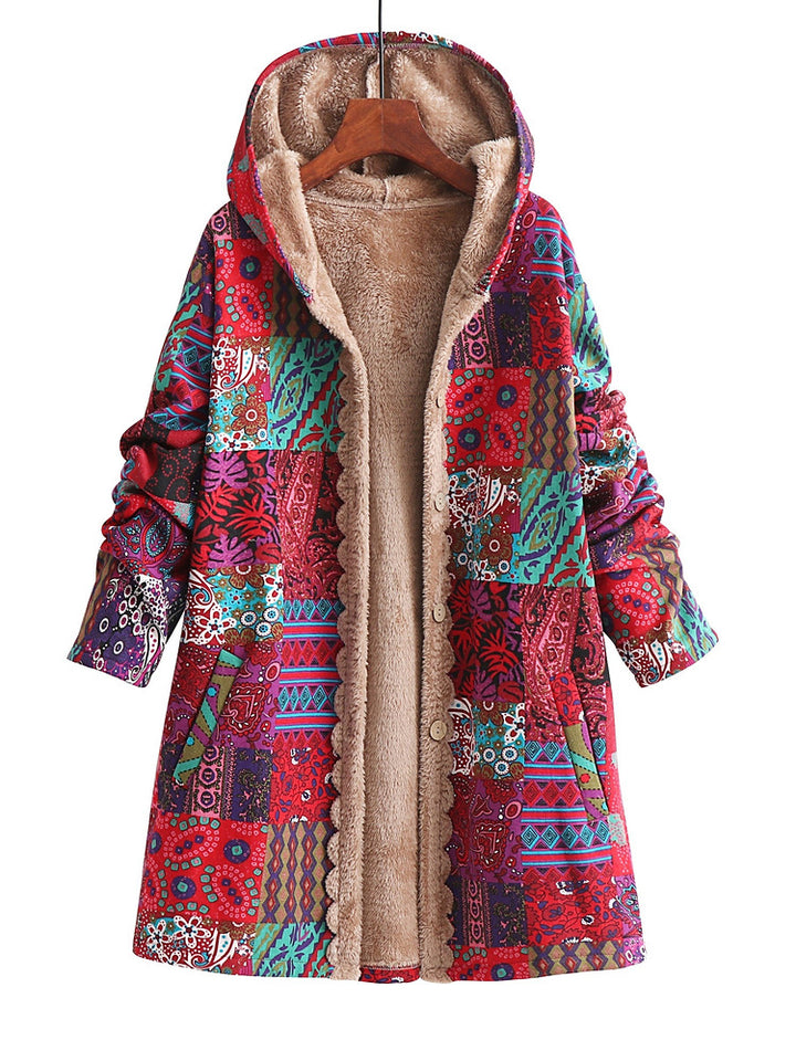 Women's plus size long patchwork print hooded coat with plush lining