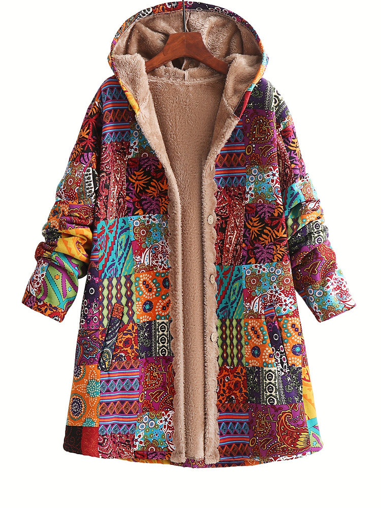 Women's plus size long patchwork print hooded coat with plush lining