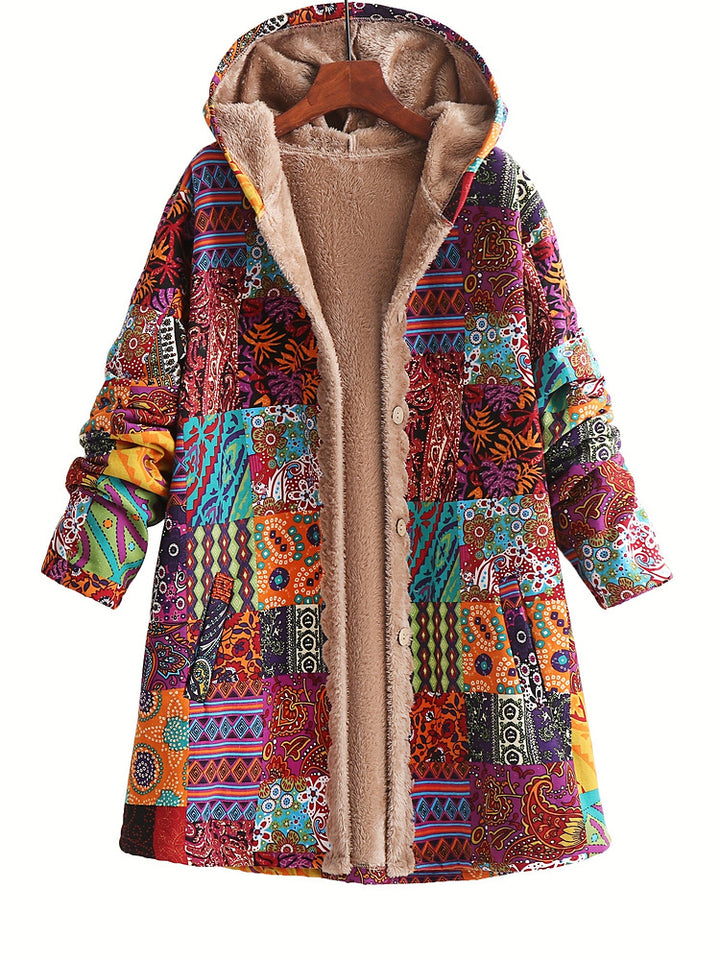 Women's plus size long patchwork print hooded coat with plush lining