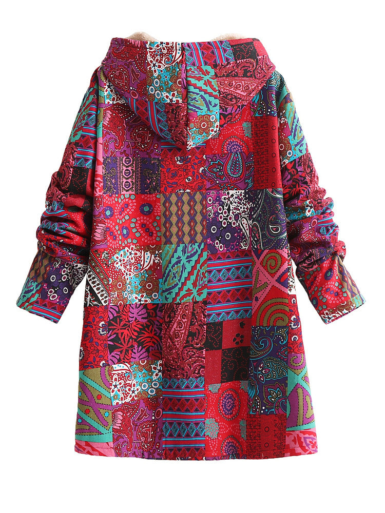 Women's plus size long patchwork print hooded coat with plush lining