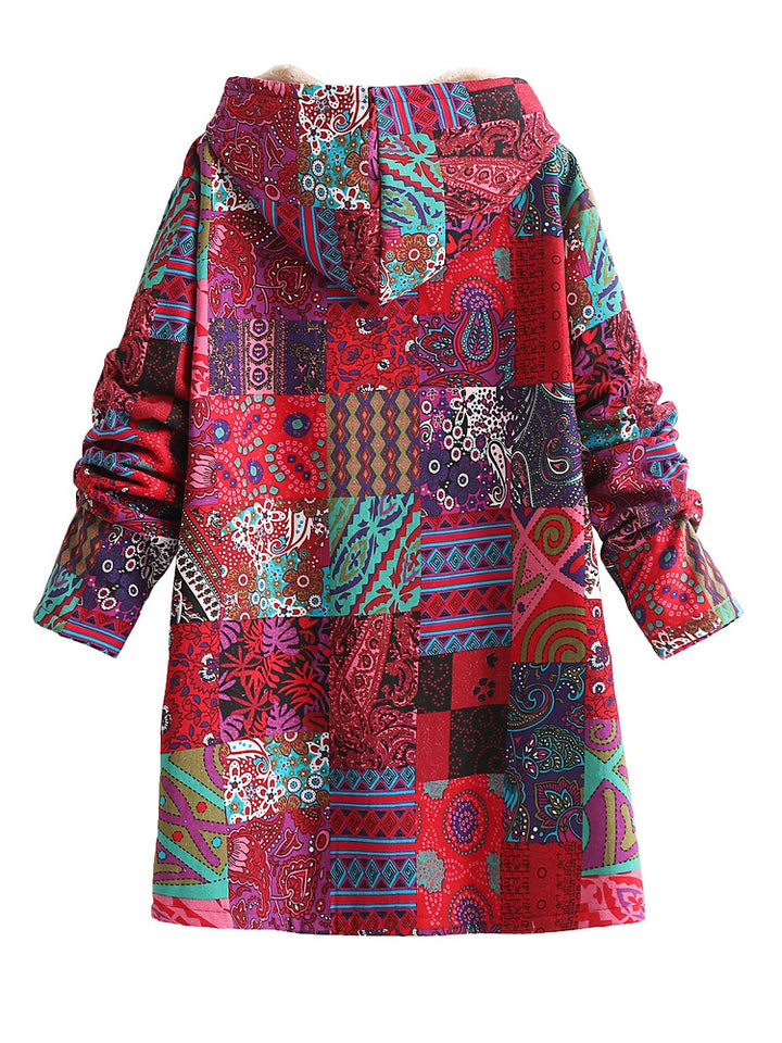 Women's plus size long patchwork print hooded coat with plush lining