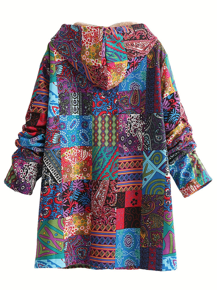 Women's plus size long patchwork print hooded coat with plush lining