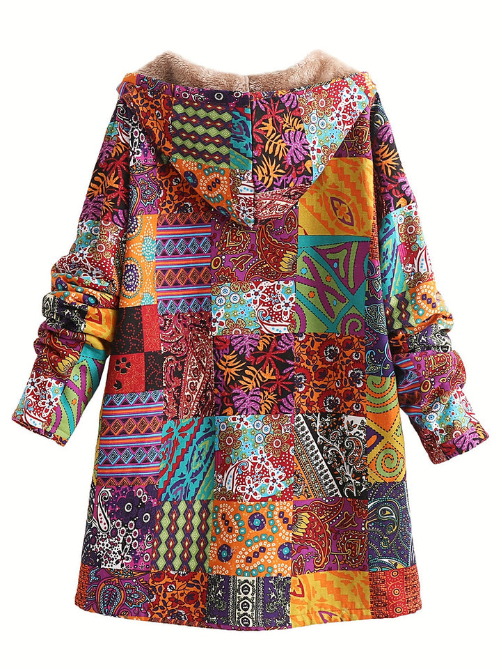 Women's plus size long patchwork print hooded coat with plush lining