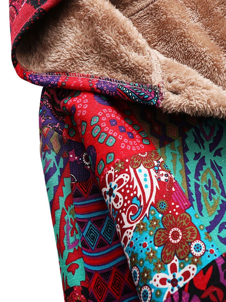 Women's plus size long patchwork print hooded coat with plush lining