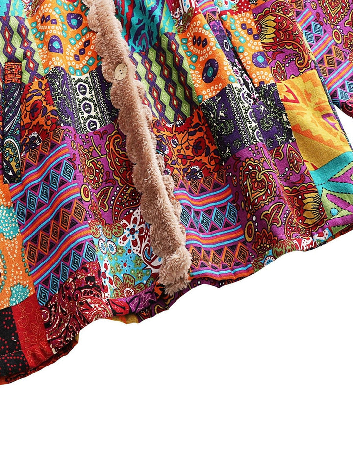 Women's plus size long patchwork print hooded coat with plush lining