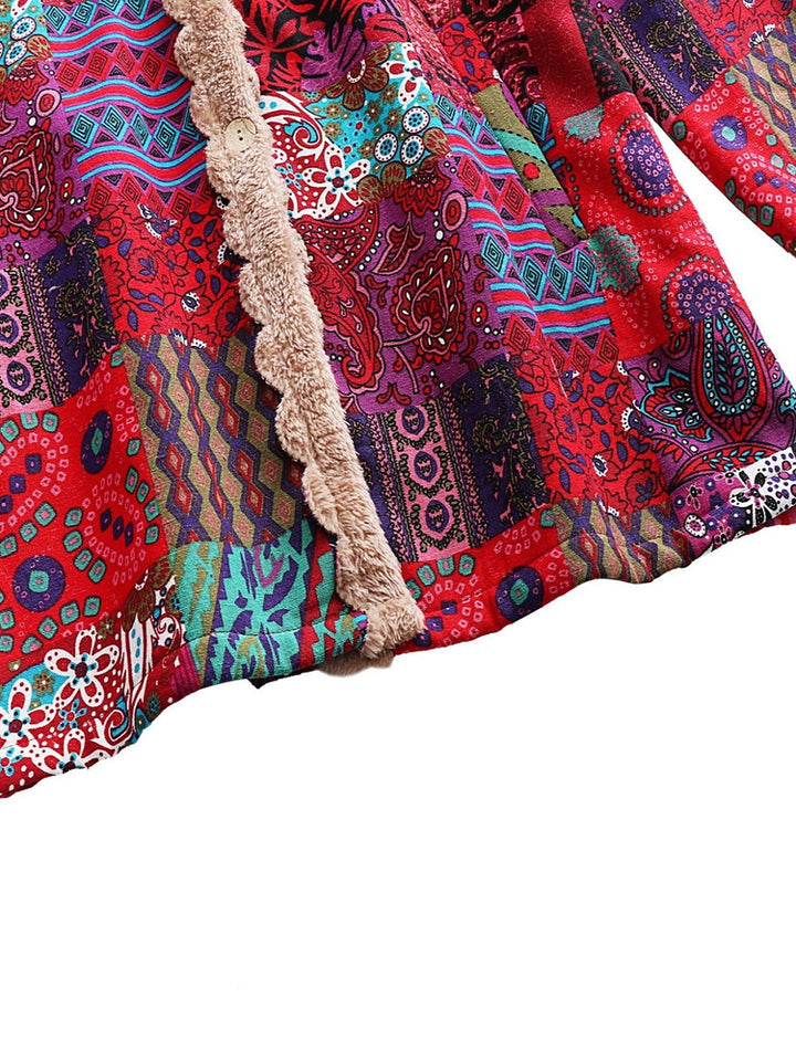 Women's plus size long patchwork print hooded coat with plush lining