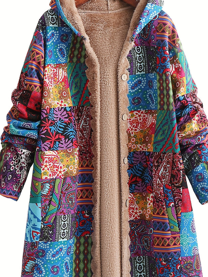 Women's plus size long patchwork print hooded coat with plush lining