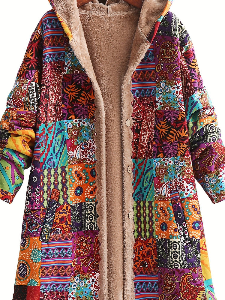 Women's plus size long patchwork print hooded coat with plush lining