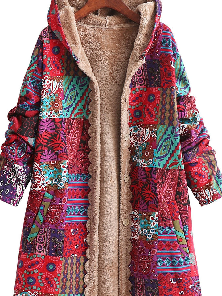 Women's plus size long patchwork print hooded coat with plush lining