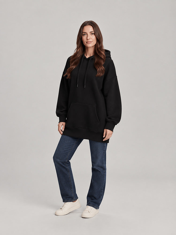 Women's longline hooded sweatshirt dress with plush lining in black