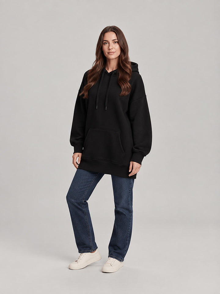Women's longline hooded sweatshirt dress with plush lining in black