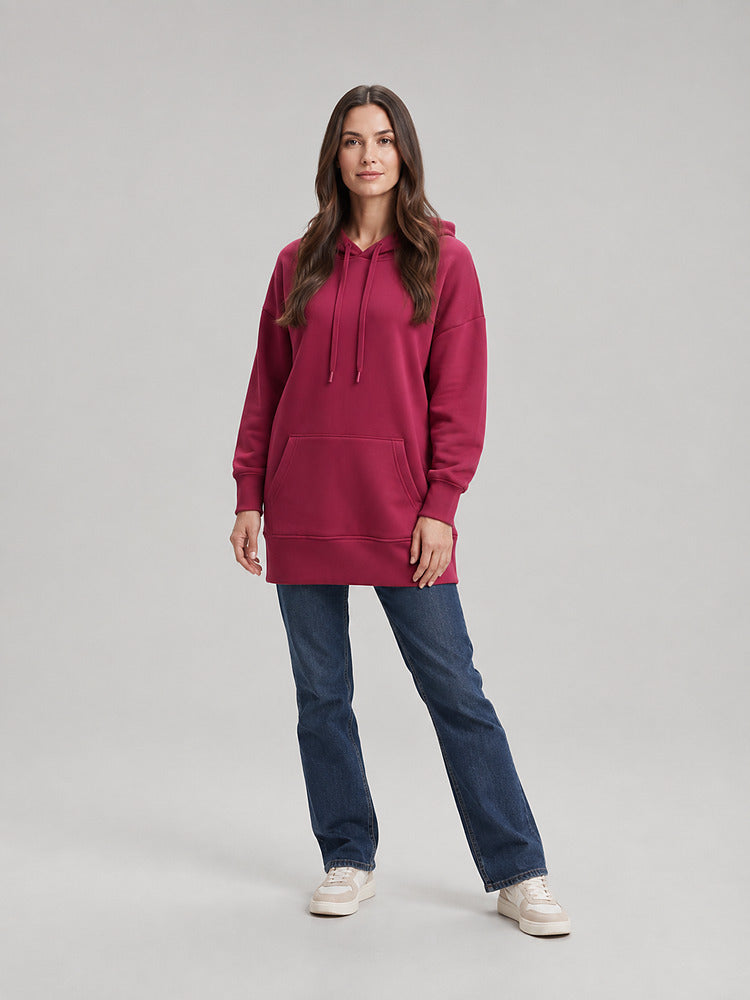 Women's longline hooded sweatshirt dress with plush lining in burgundy