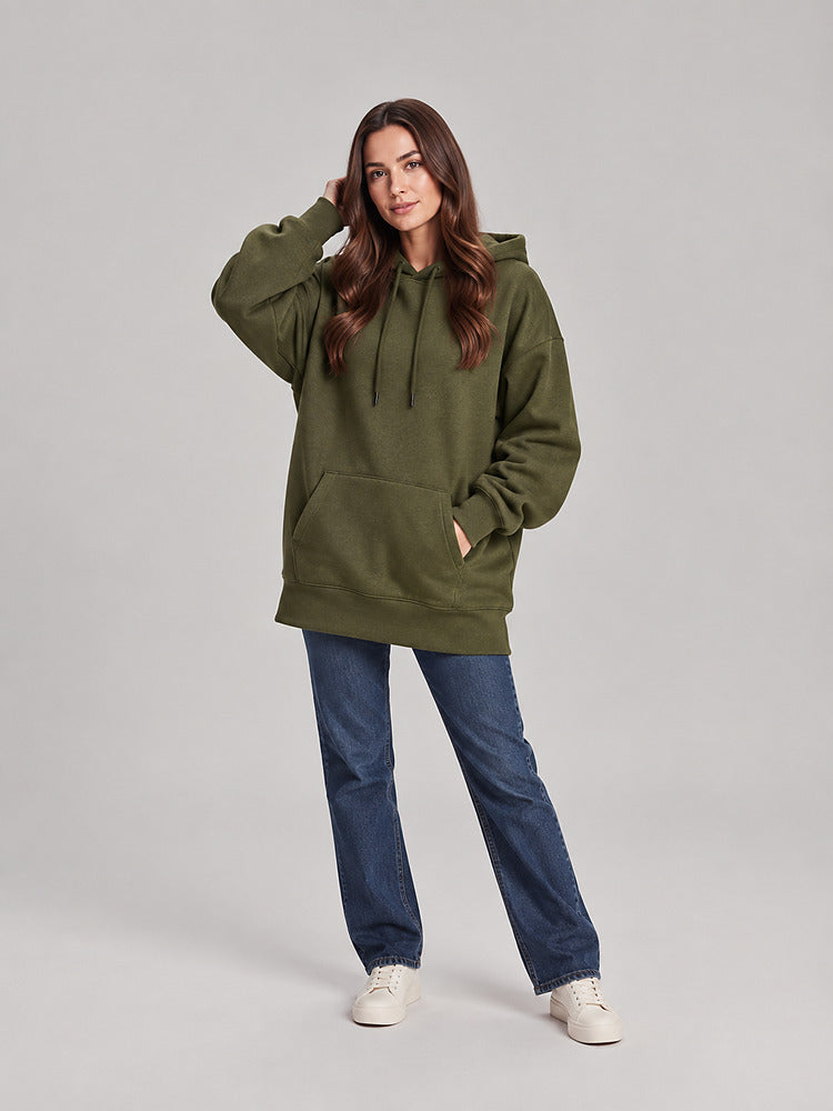 Women's longline hooded sweatshirt dress with plush lining in army green