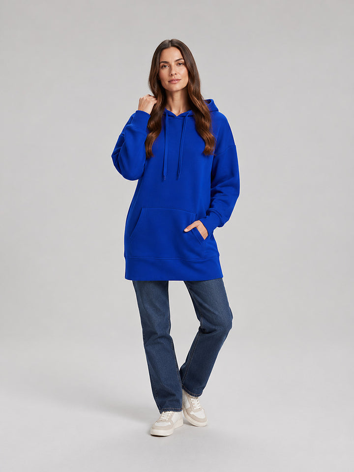 Women's longline hooded sweatshirt dress with plush lining in blue