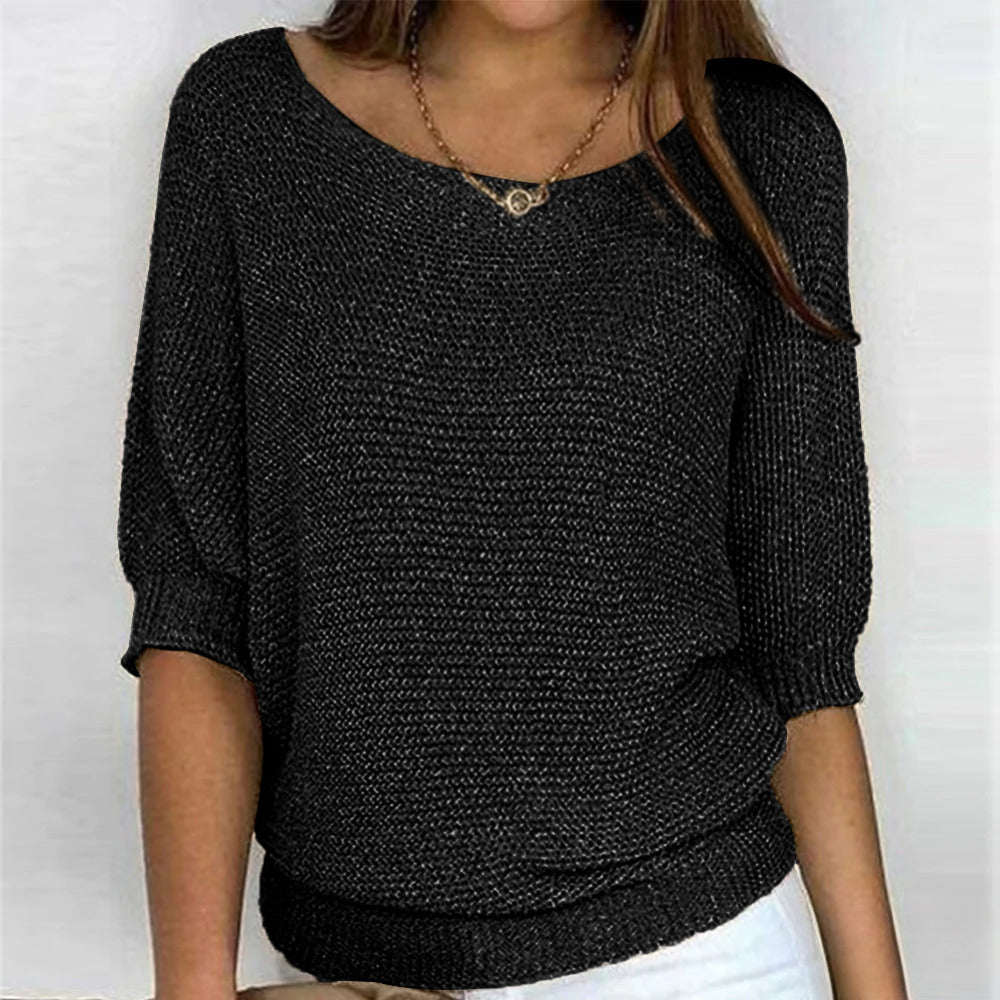 Women's Loose Knit Jumper with 3/4 Sleeves - black
