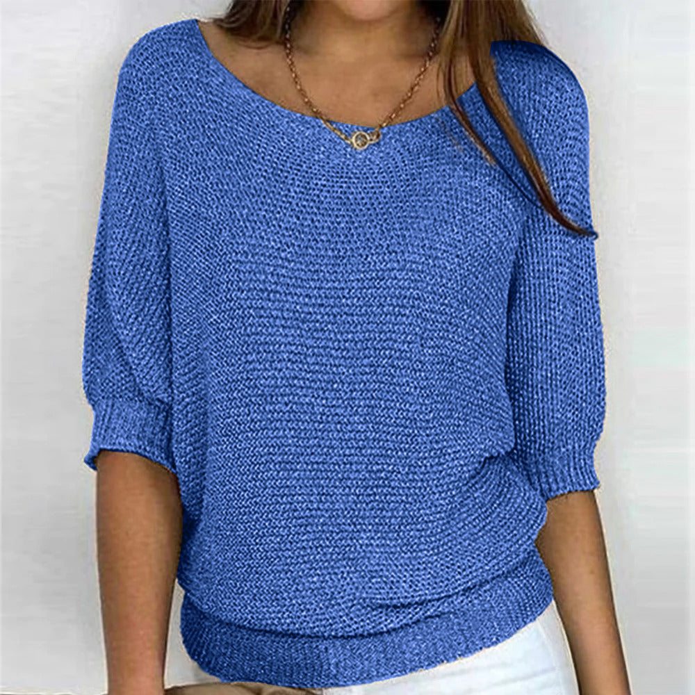 Women's Loose Knit Jumper with 3/4 Sleeves - blue
