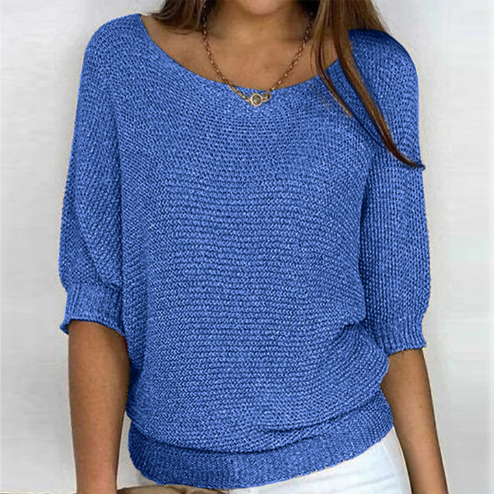 Women's Loose Knit Jumper with 3/4 Sleeves - blue