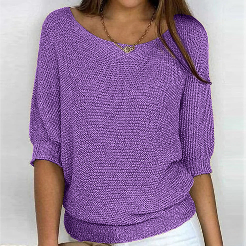 Women's Loose Knit Jumper with 3/4 Sleeves - purple