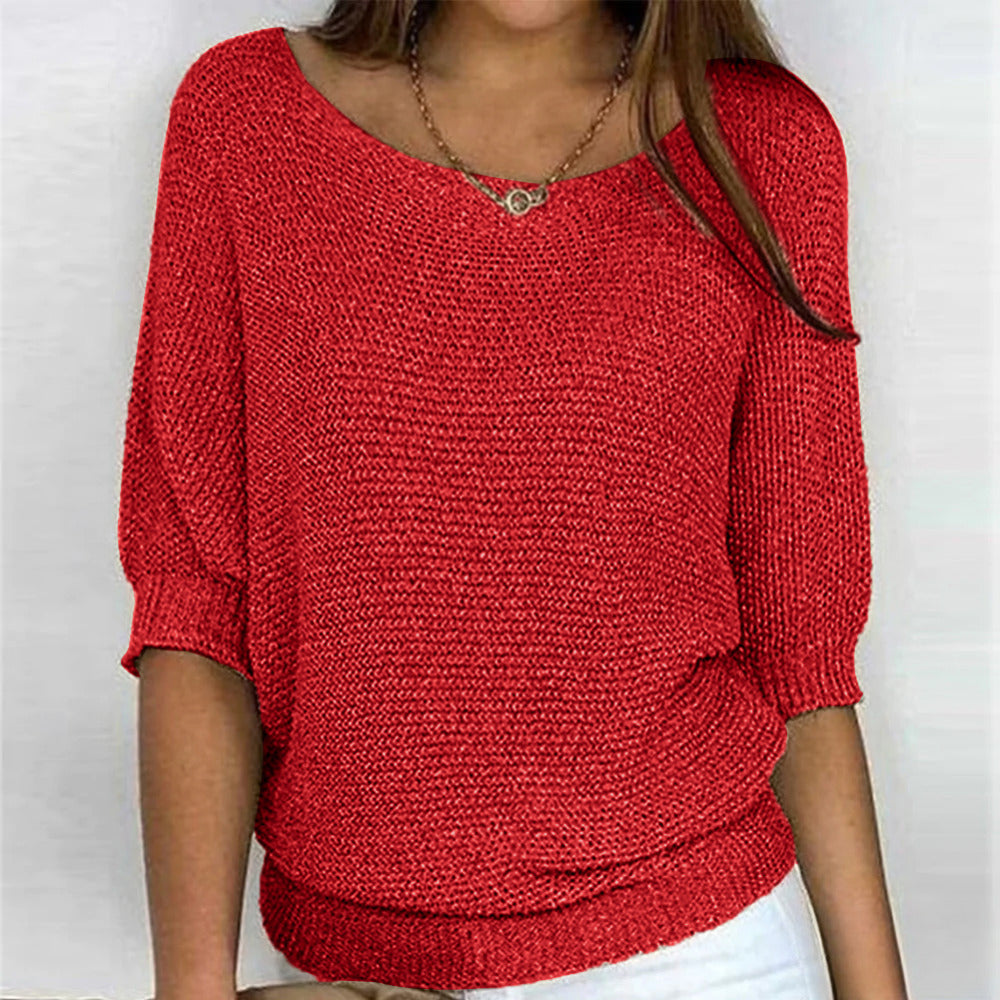 Women's Loose Knit Jumper with 3/4 Sleeves - red