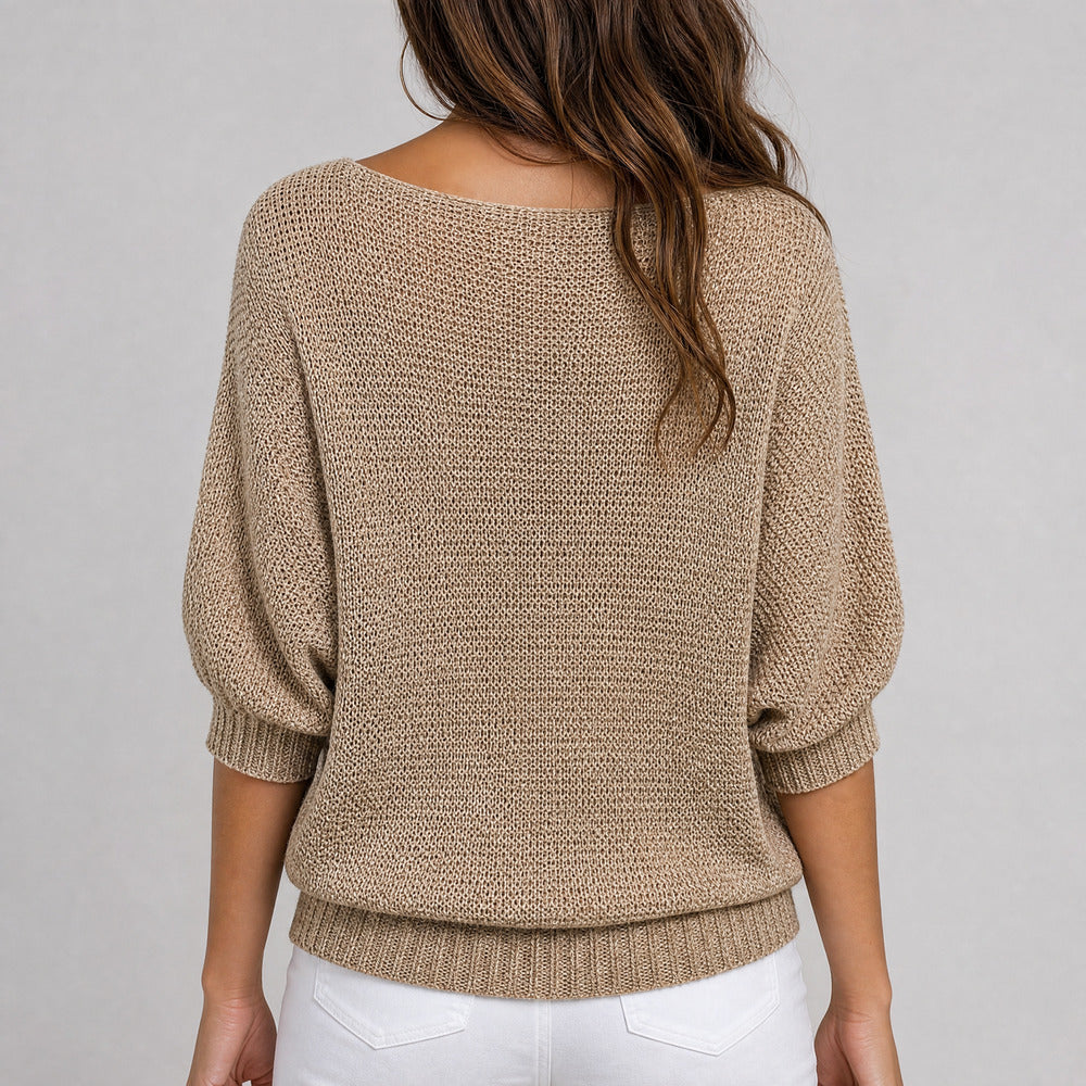 Women's Loose Knit Jumper with 3/4 Sleeves - sand, back view