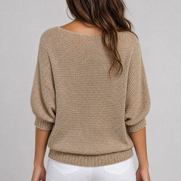 Women's Loose Knit Jumper with 3/4 Sleeves - sand, back view