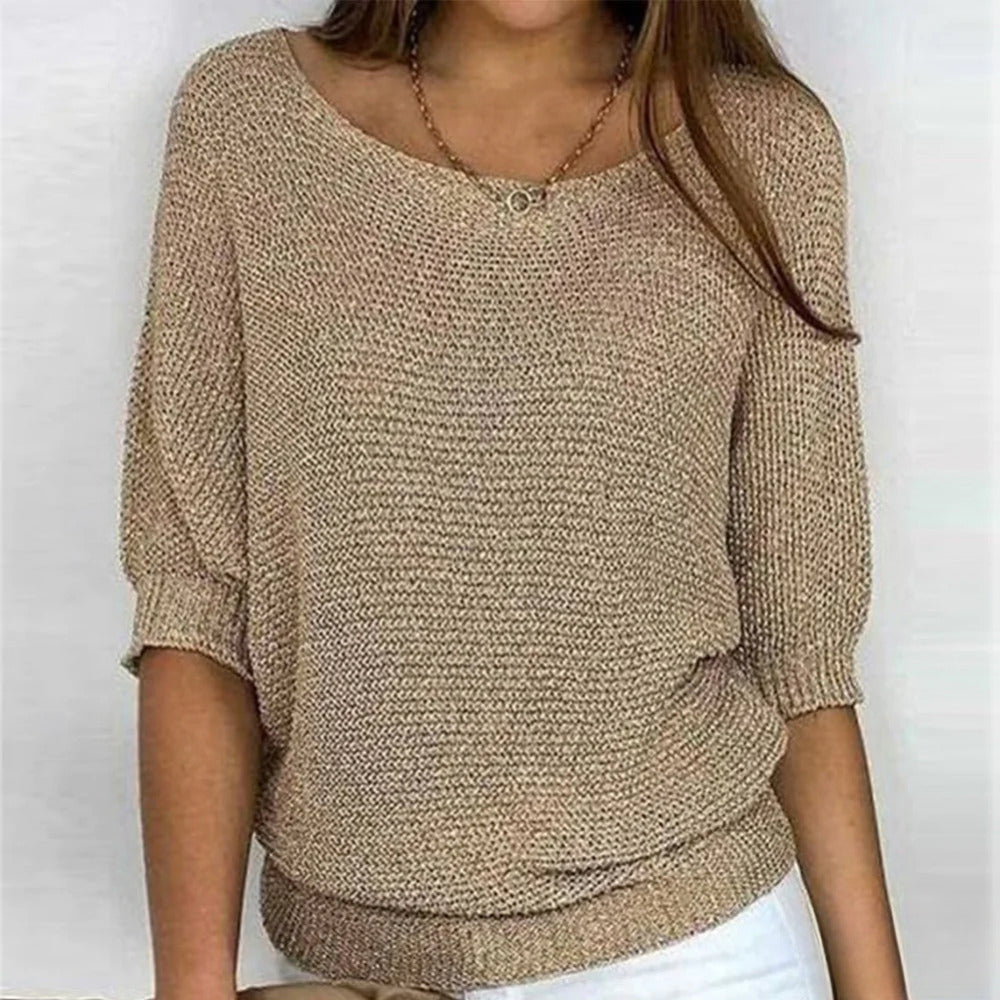 Women's Loose Knit Jumper with 3/4 Sleeves - sand