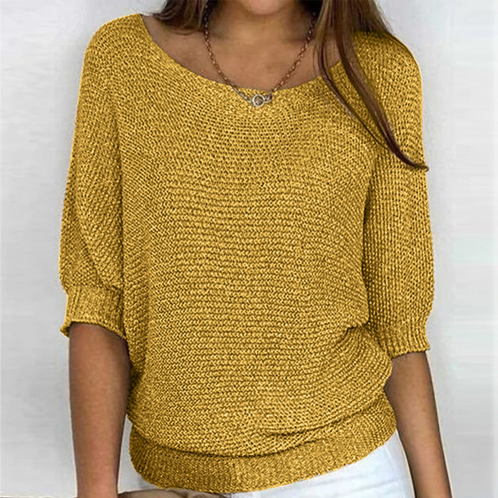 Women's Loose Knit Jumper with 3/4 Sleeves - yellow
