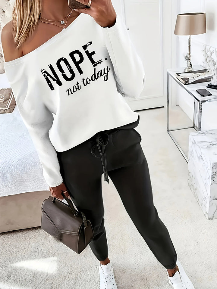 Women's off-shoulder slogan top and jogger two-piece set