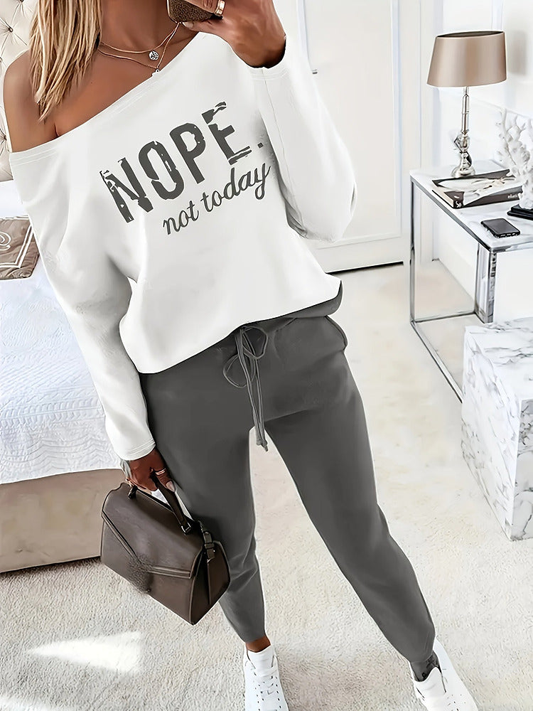 Women's off-shoulder slogan top and jogger two-piece set