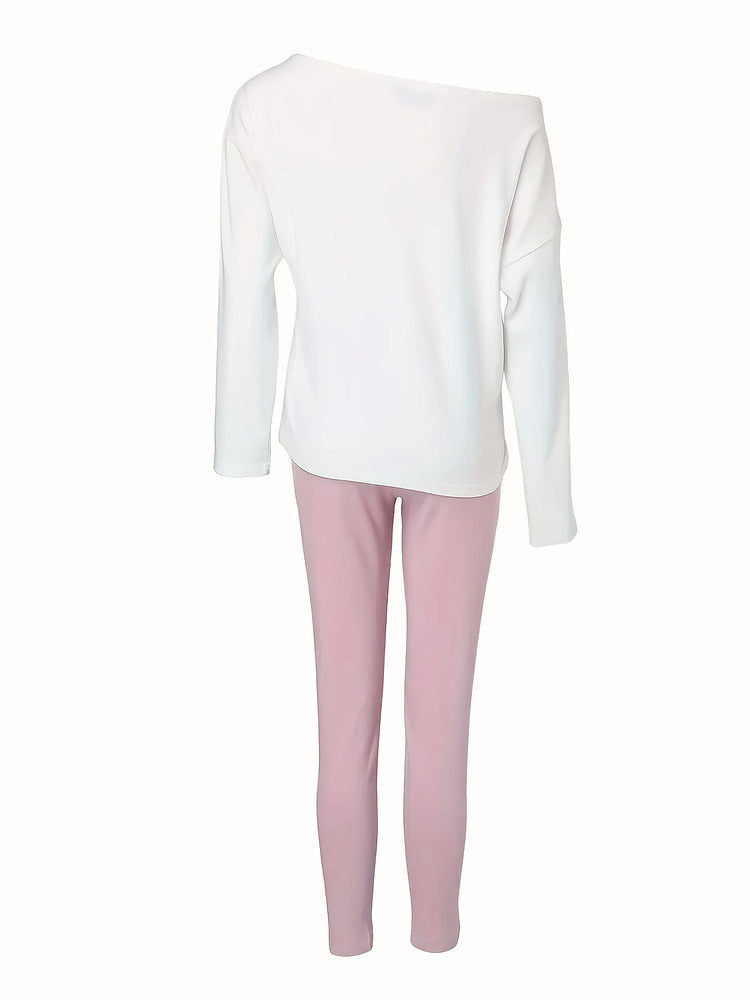 Women's off-shoulder slogan top and jogger two-piece set