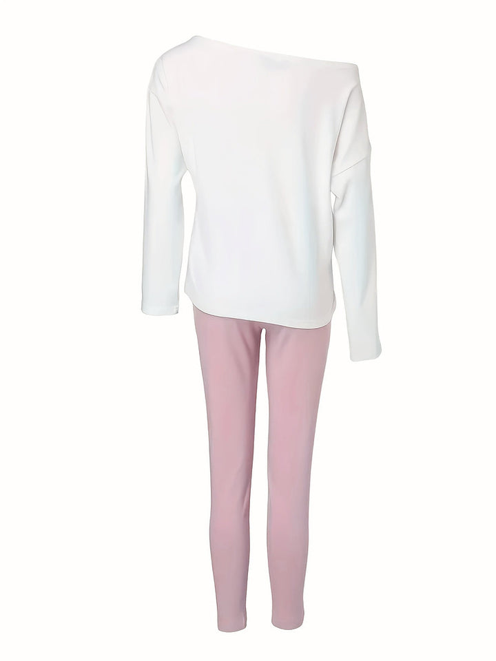 Women's off-shoulder slogan top and jogger two-piece set