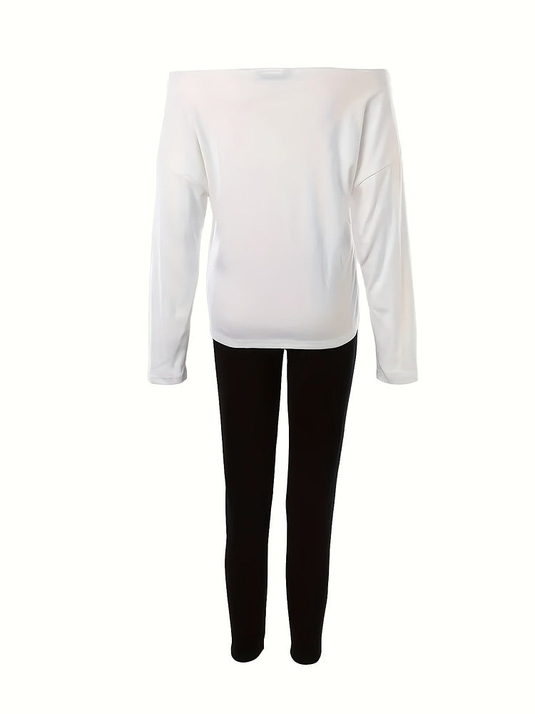 Women's off-shoulder slogan top and jogger two-piece set