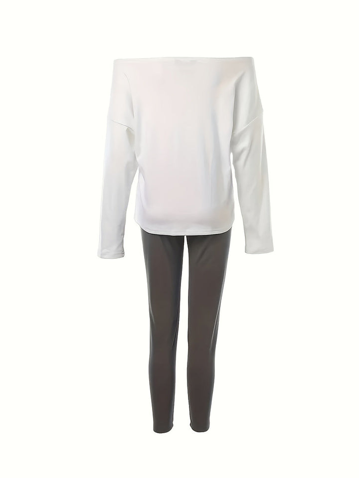 Women's off-shoulder slogan top and jogger two-piece set