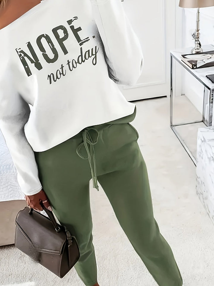 Women's off-shoulder slogan top and jogger two-piece set
