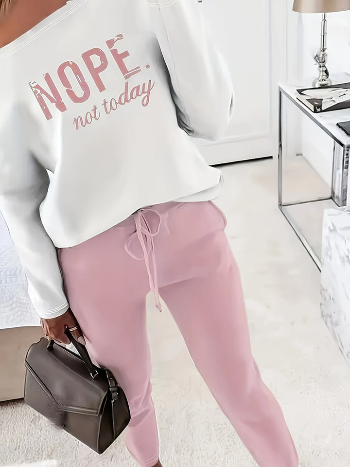 Women's off-shoulder slogan top and jogger two-piece set
