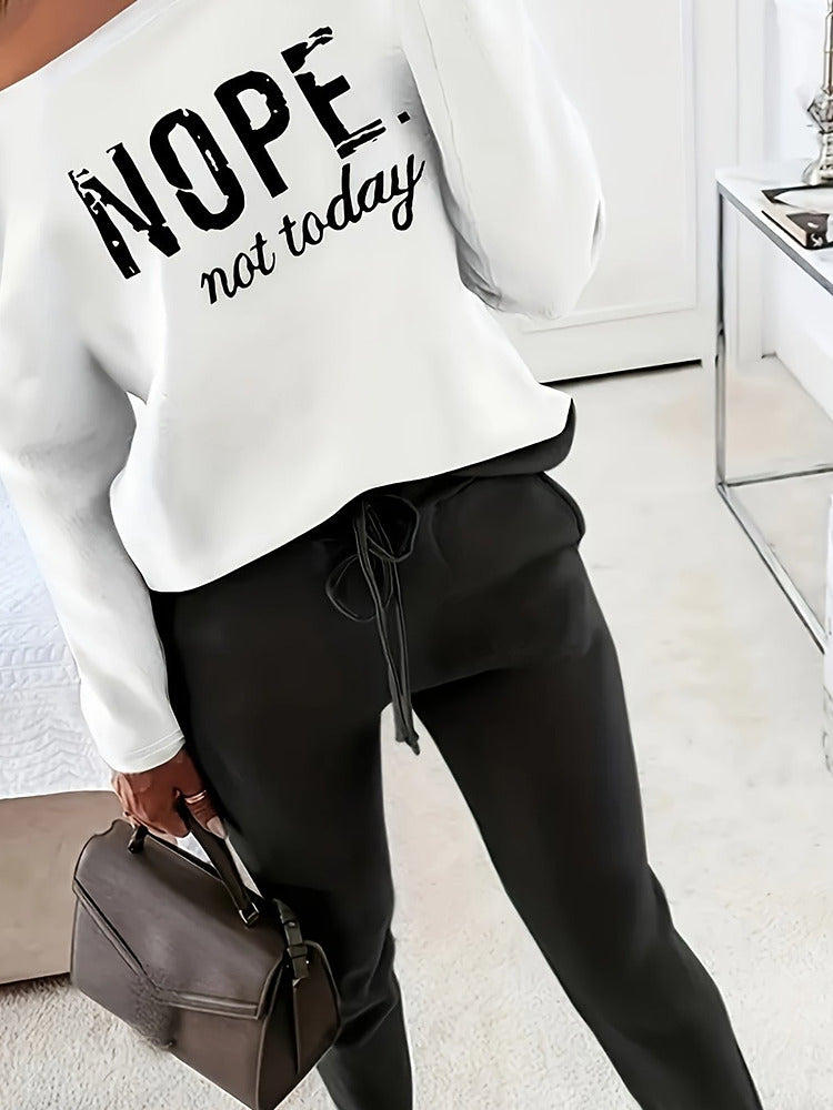 Women's off-shoulder slogan top and jogger two-piece set