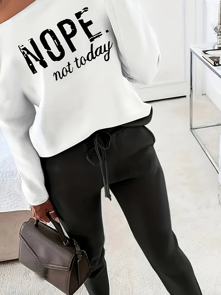 Women's off-shoulder slogan top and jogger two-piece set