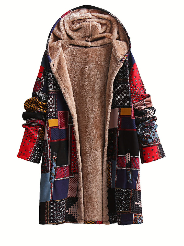 Women's plus size patchwork print hooded coat with plush lining