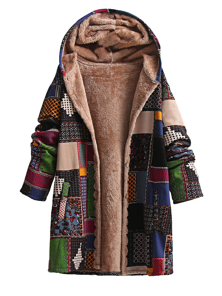 Women's plus size patchwork print hooded coat with plush lining