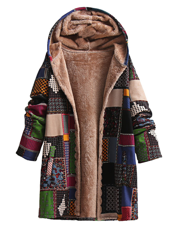 Women's plus size patchwork print hooded coat with plush lining