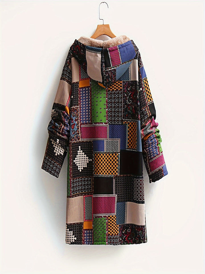 Women's plus size patchwork print hooded coat with plush lining