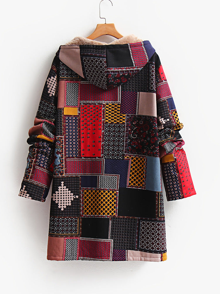 Women's plus size patchwork print hooded coat with plush lining