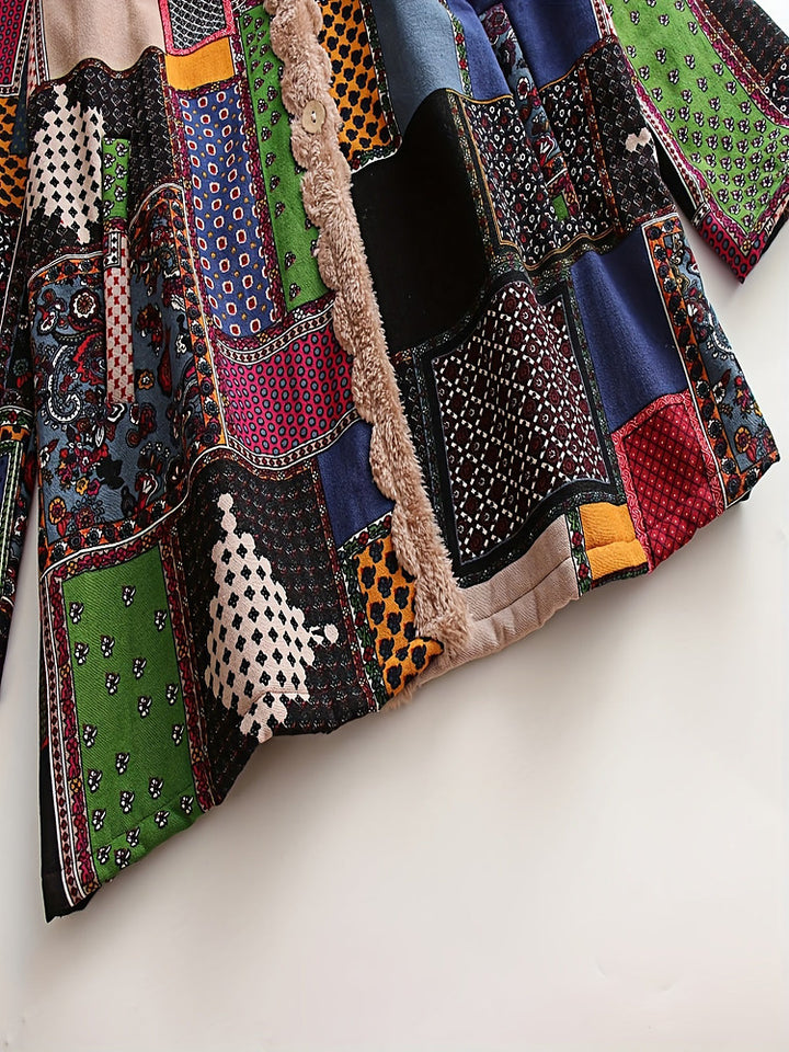 Women's plus size patchwork print hooded coat with plush lining