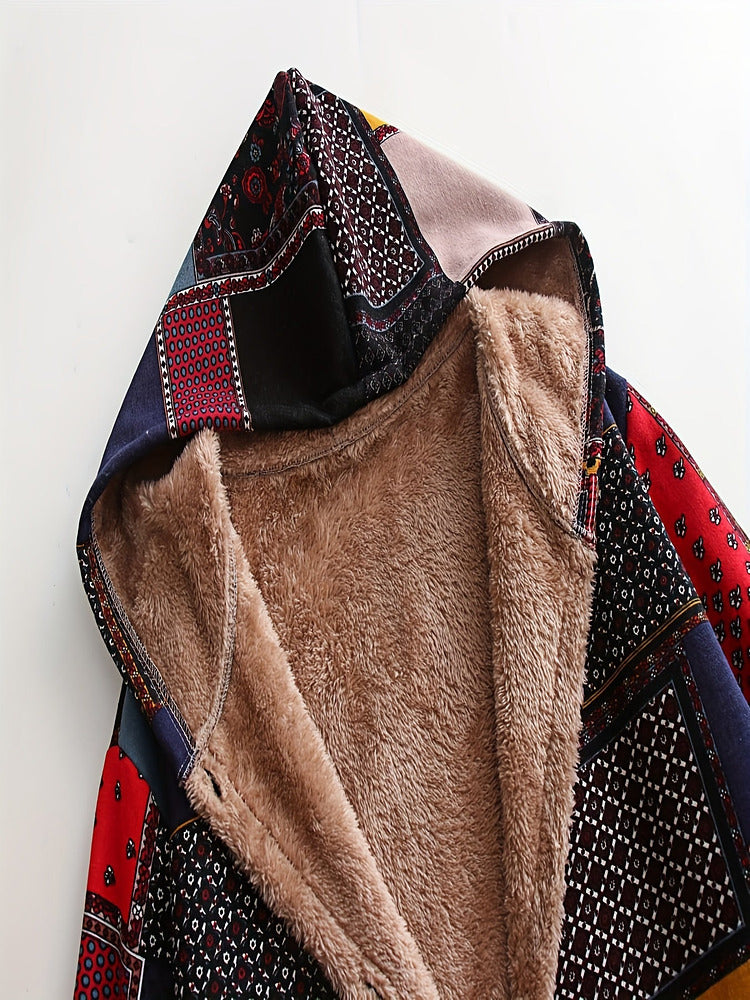 Women's plus size patchwork print hooded coat with plush lining