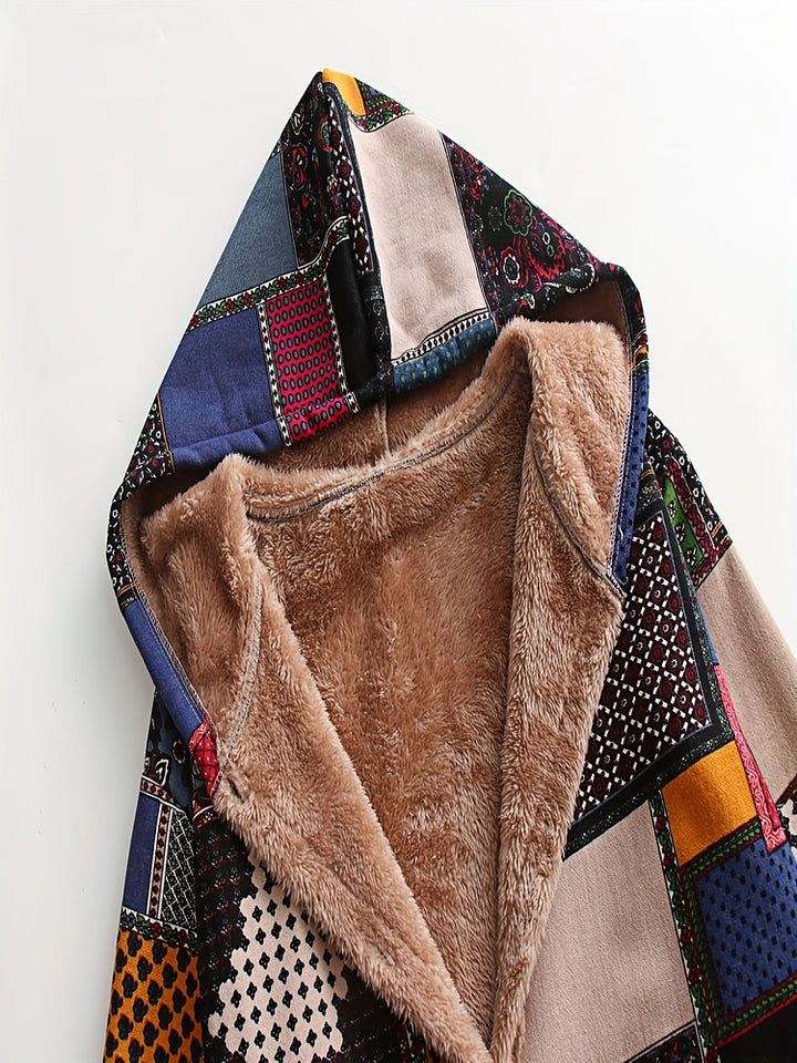 Women's plus size patchwork print hooded coat with plush lining