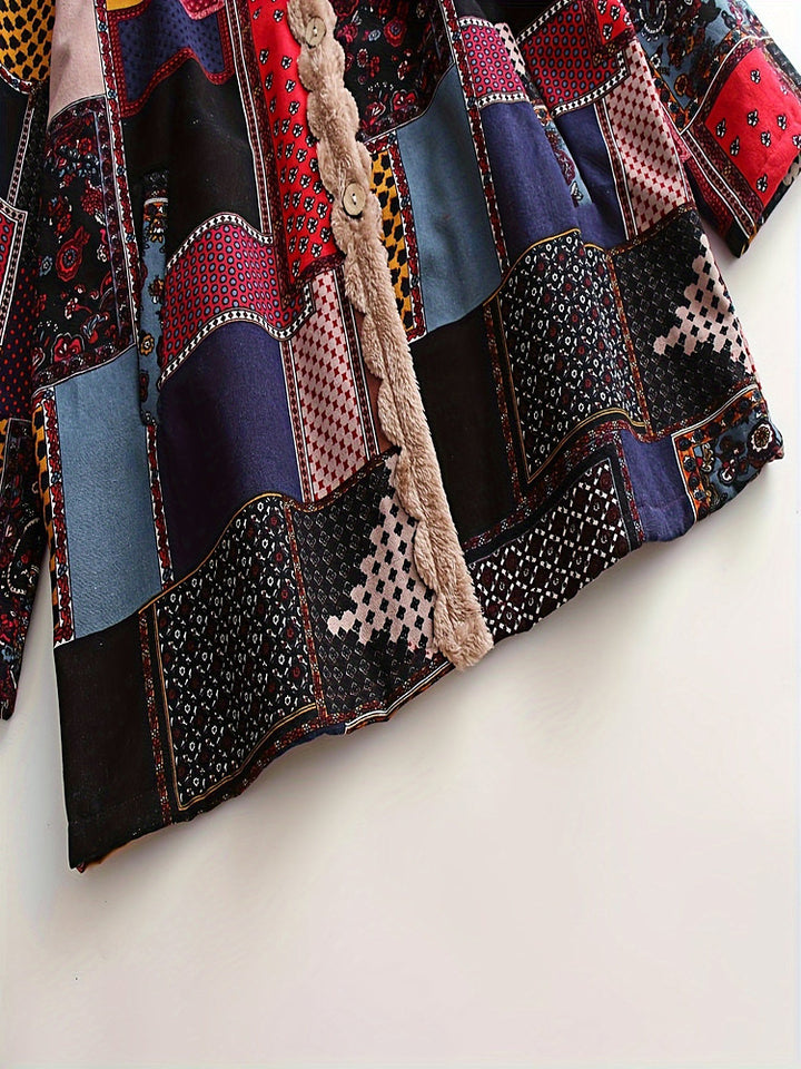 Women's plus size patchwork print hooded coat with plush lining