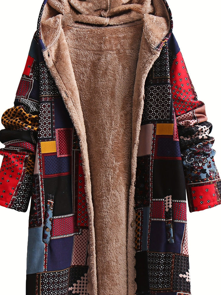 Women's plus size patchwork print hooded coat with plush lining