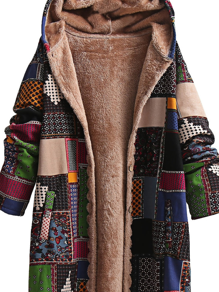 Women's plus size patchwork print hooded coat with plush lining